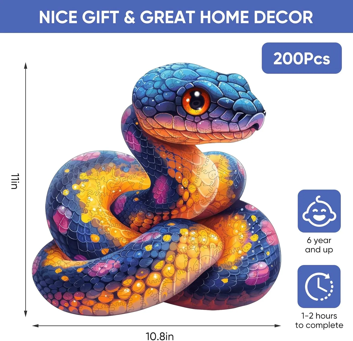 Wooden Puzzle for Adults, Snake Wooden Jigsaw Puzzles(10.8 * 11in-200pcs), Medium,Unique Shape Adult Puzzles,Irregular Wood Puzzles Creative Gift for Adults and Kids Family Game