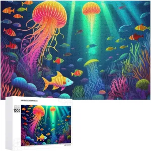 Wooden Puzzle Large Size 29.5 Lx19.7 W Inch Jigsaw Puzzle for Boys Girls Kids, Personal Entertainment Game Toys Gift (1000 Pieces Beautiful Underwater World Fish Jellyfish Art Puzzle)