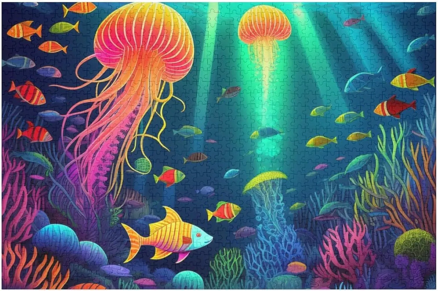 Wooden Puzzle Large Size 29.5 Lx19.7 W Inch Jigsaw Puzzle for Boys Girls Kids, Personal Entertainment Game Toys Gift (1000 Pieces Beautiful Underwater World Fish Jellyfish Art Puzzle)