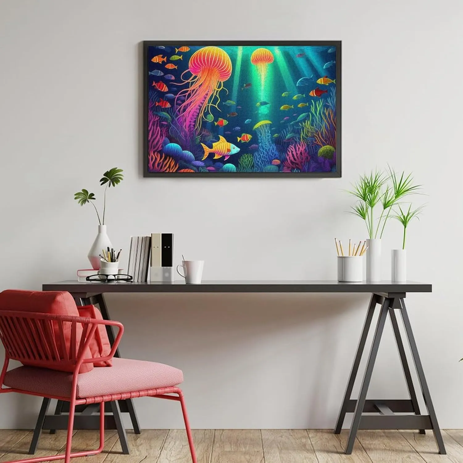 Wooden Puzzle Large Size 29.5 Lx19.7 W Inch Jigsaw Puzzle for Boys Girls Kids, Personal Entertainment Game Toys Gift (1000 Pieces Beautiful Underwater World Fish Jellyfish Art Puzzle)