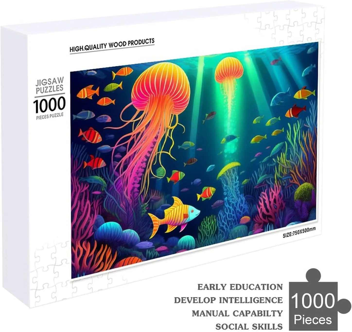 Wooden Puzzle Large Size 29.5 Lx19.7 W Inch Jigsaw Puzzle for Boys Girls Kids, Personal Entertainment Game Toys Gift (1000 Pieces Beautiful Underwater World Fish Jellyfish Art Puzzle)