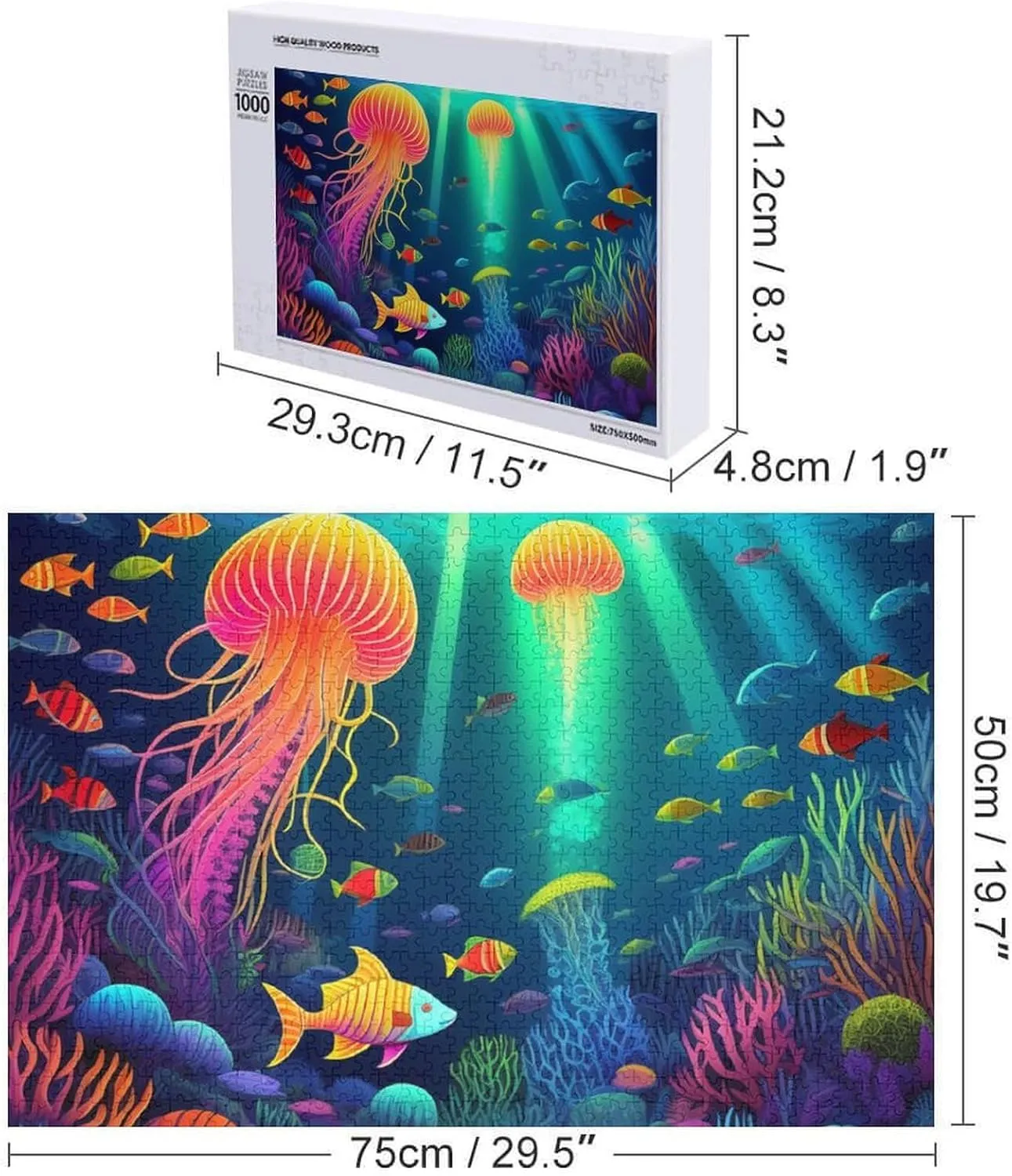Wooden Puzzle Large Size 29.5 Lx19.7 W Inch Jigsaw Puzzle for Boys Girls Kids, Personal Entertainment Game Toys Gift (1000 Pieces Beautiful Underwater World Fish Jellyfish Art Puzzle)