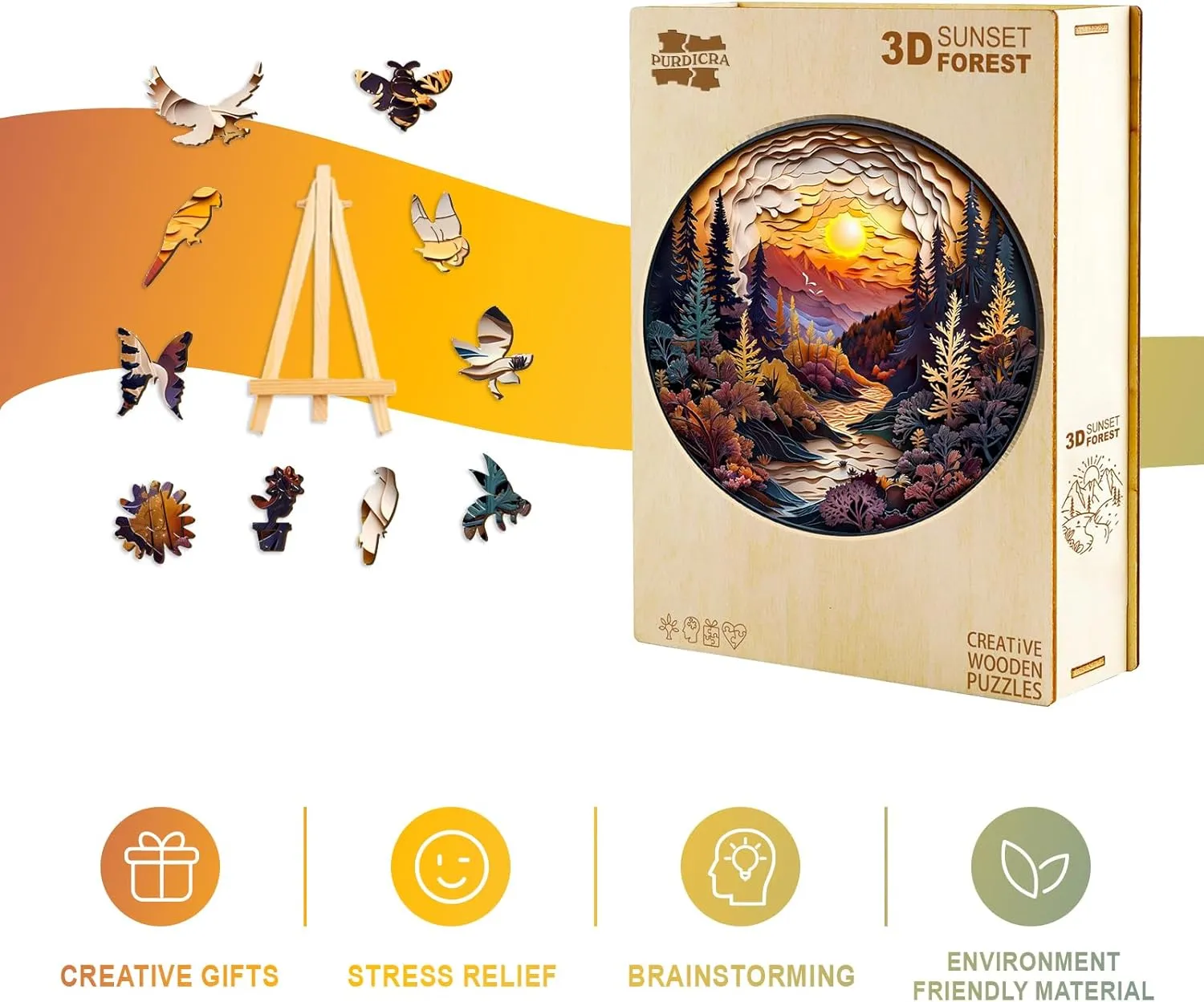 Wooden Puzzles for Adults, Unique Animal Shaped Sunset Forest Adult Puzzle, 3D Vision Wooden Jigsaw Puzzles Adult, Challenging Creative Gifts Family Games 11.4 * 11.4in 200pcs