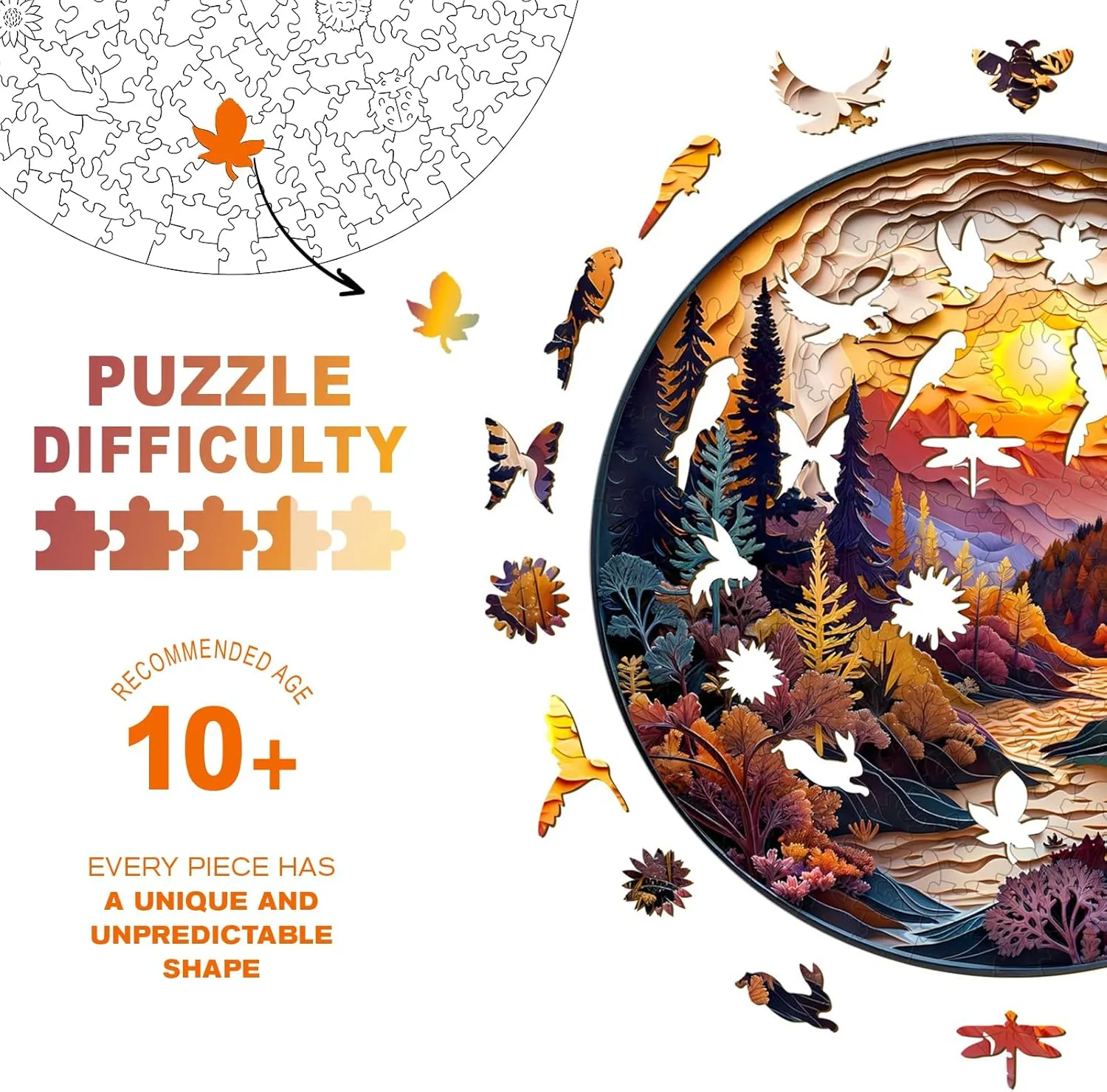Wooden Puzzles for Adults, Unique Animal Shaped Sunset Forest Adult Puzzle, 3D Vision Wooden Jigsaw Puzzles Adult, Challenging Creative Gifts Family Games 11.4 * 11.4in 200pcs