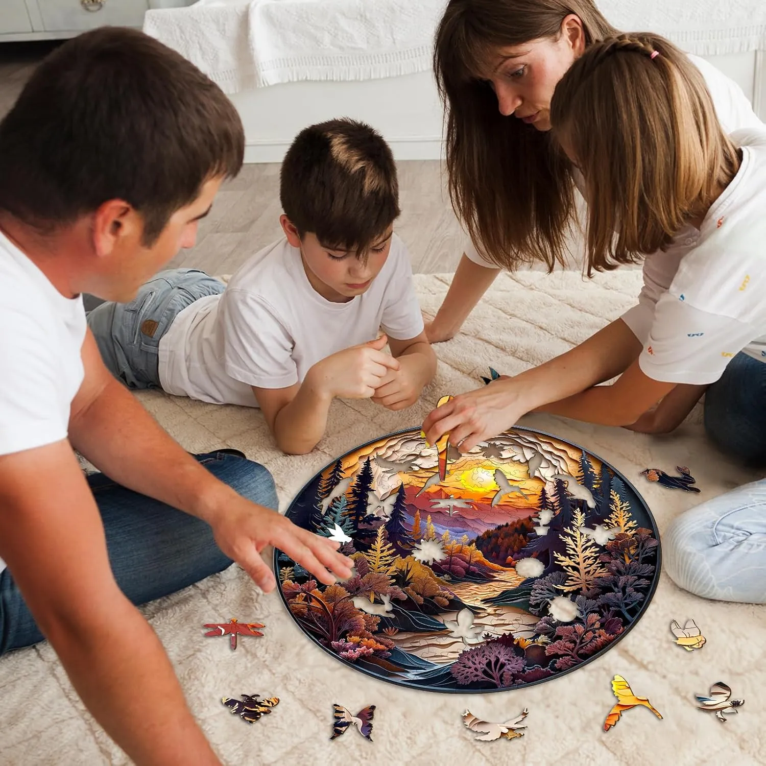 Wooden Puzzles for Adults, Unique Animal Shaped Sunset Forest Adult Puzzle, 3D Vision Wooden Jigsaw Puzzles Adult, Challenging Creative Gifts Family Games 11.4 * 11.4in 200pcs