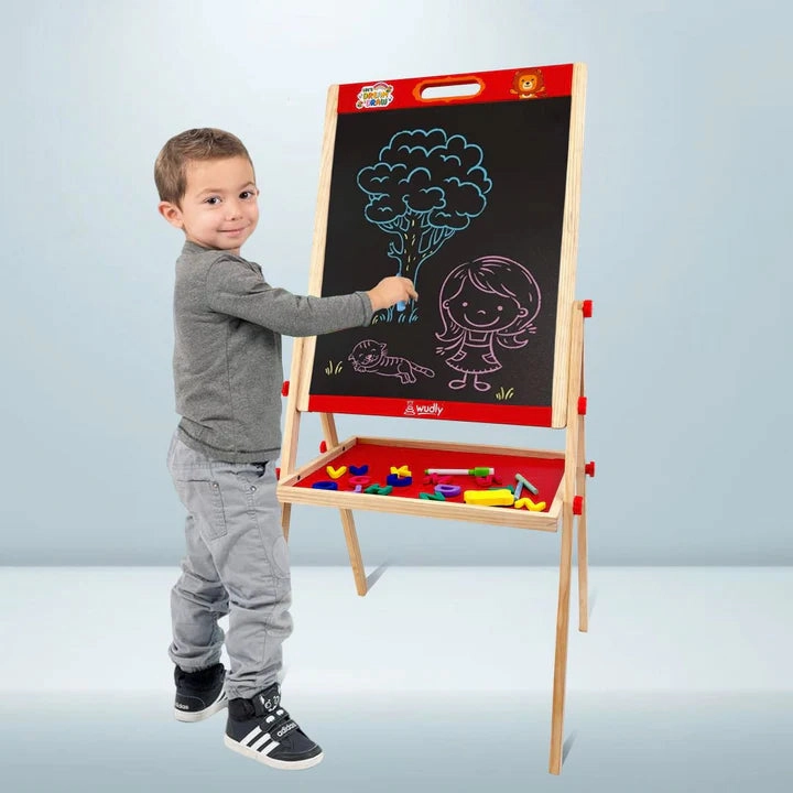 Wooden Double-Sided Drawing Board – Chalkboard & Whiteboard with Storage Tray (3-8 Years)