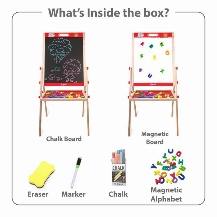 Wooden Double-Sided Drawing Board – Chalkboard & Whiteboard with Storage Tray (3-8 Years)