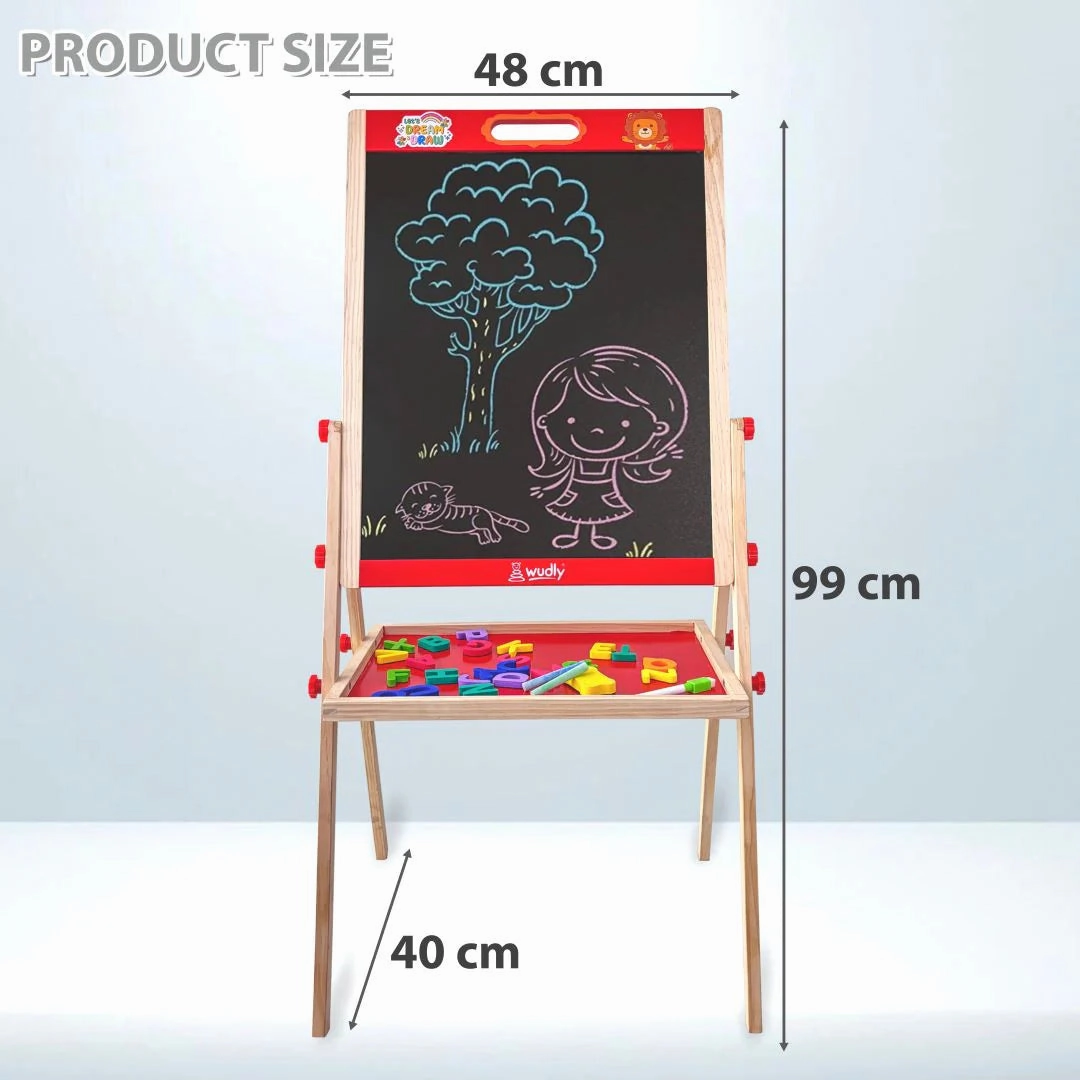 Wooden Double-Sided Drawing Board – Chalkboard & Whiteboard with Storage Tray (3-8 Years)