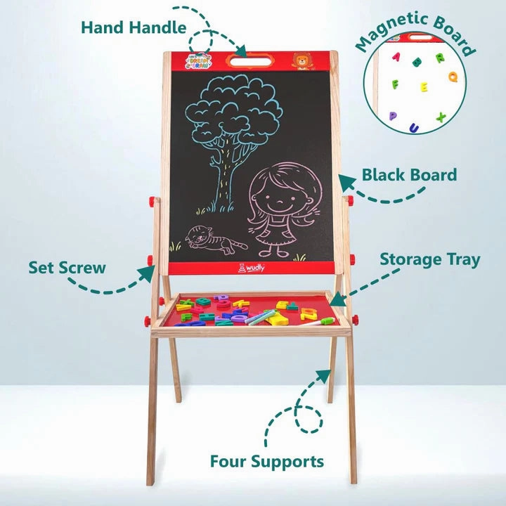 Wooden Double-Sided Drawing Board – Chalkboard & Whiteboard with Storage Tray (3-8 Years)