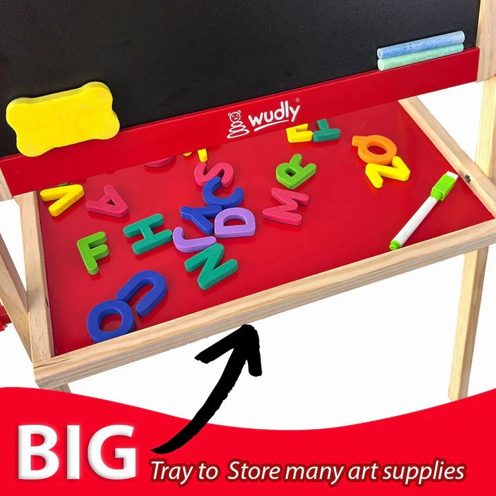 Wooden Double-Sided Drawing Board – Chalkboard & Whiteboard with Storage Tray (3-8 Years)