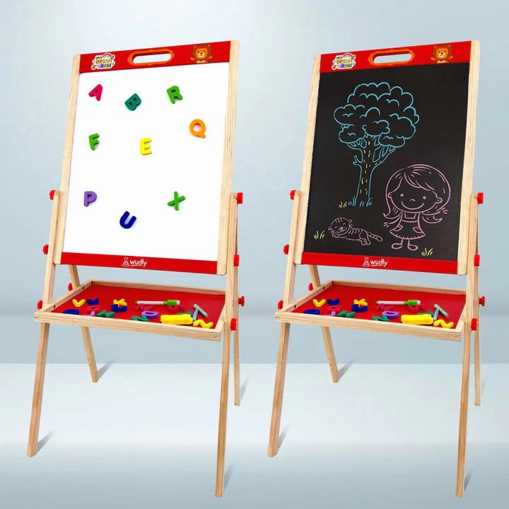 Wooden Double-Sided Drawing Board – Chalkboard & Whiteboard with Storage Tray (3-8 Years)