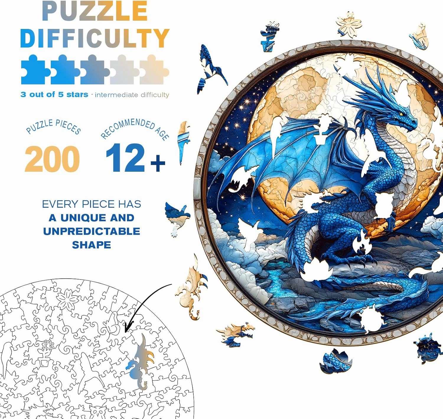 Wooden Dragon Puzzles - Unique Shaped Wooden Jigsaw Puzzles for Adults - Moonlit Blue Dragon Wooden Puzzles - Animal Wooden Puzzle Creative Birthday Gifts - Puzzle Toys - 200pcs