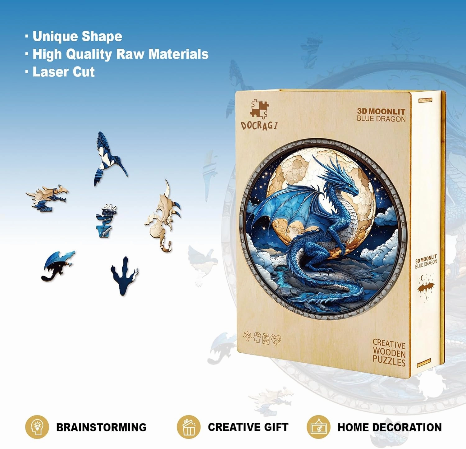 Wooden Dragon Puzzles - Unique Shaped Wooden Jigsaw Puzzles for Adults - Moonlit Blue Dragon Wooden Puzzles - Animal Wooden Puzzle Creative Birthday Gifts - Puzzle Toys - 200pcs