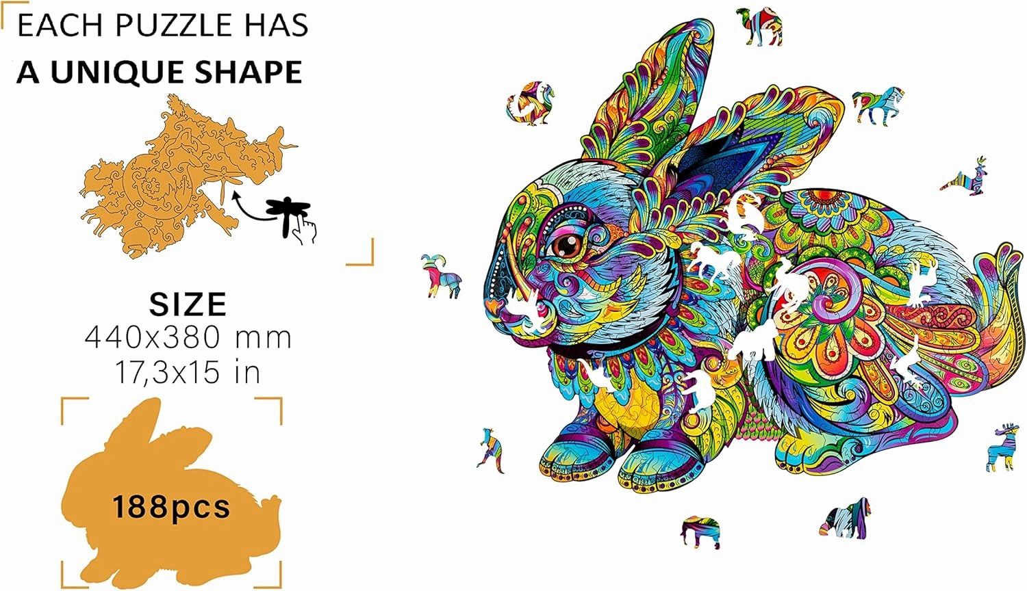 Wooden Jigsaw Puzzle for Adults and Kids - Hare, Animal-Shaped Fantasy Puzzle, 188 Unique Shaped Pieces, Size King (17.3" x 15")