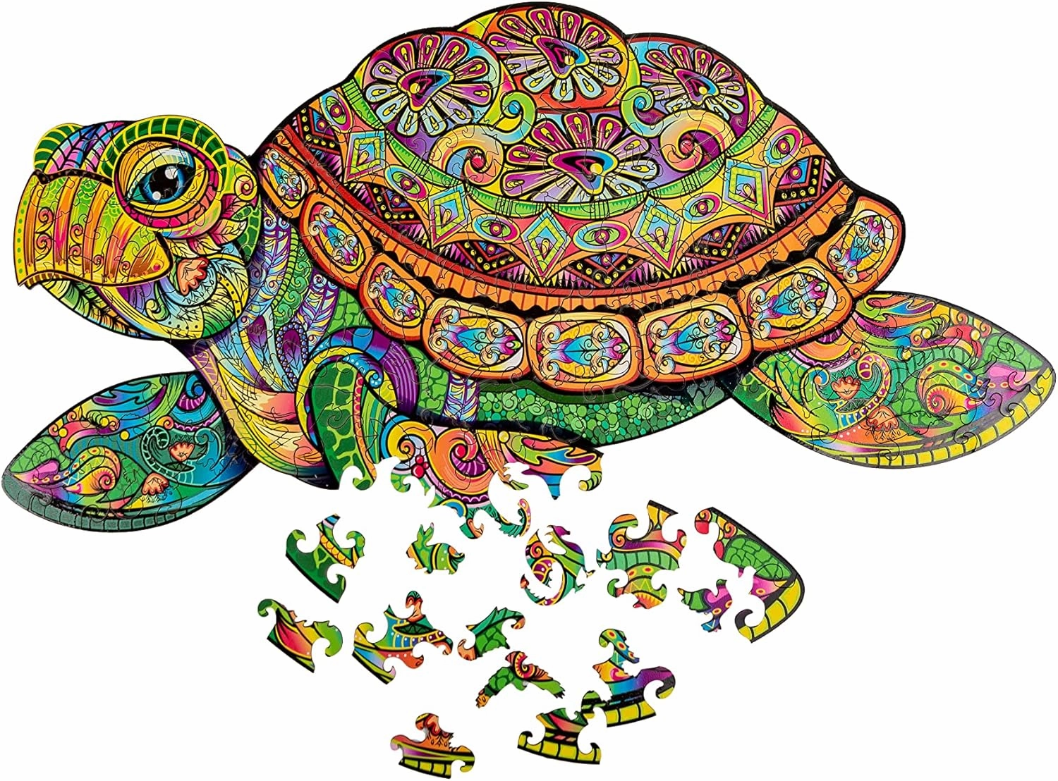 Wooden Jigsaw Puzzle for Adults and Kids - Turtle, Reptile-Shaped Fantasy Puzzle, 171 Unique Shaped Pieces, Size King (12.2" x 20.5")