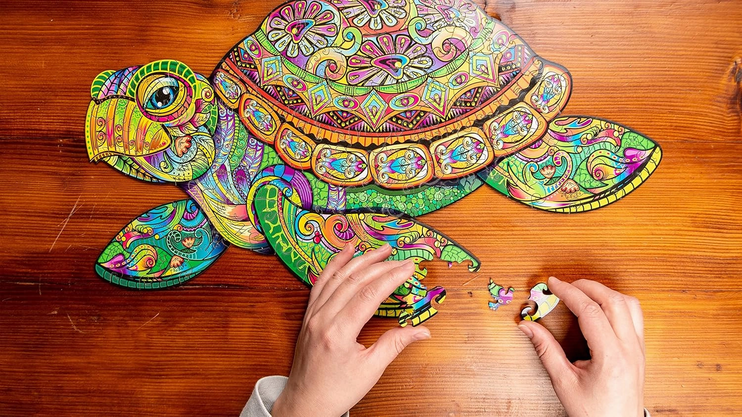 Wooden Jigsaw Puzzle for Adults and Kids - Turtle, Reptile-Shaped Fantasy Puzzle, 171 Unique Shaped Pieces, Size King (12.2" x 20.5")