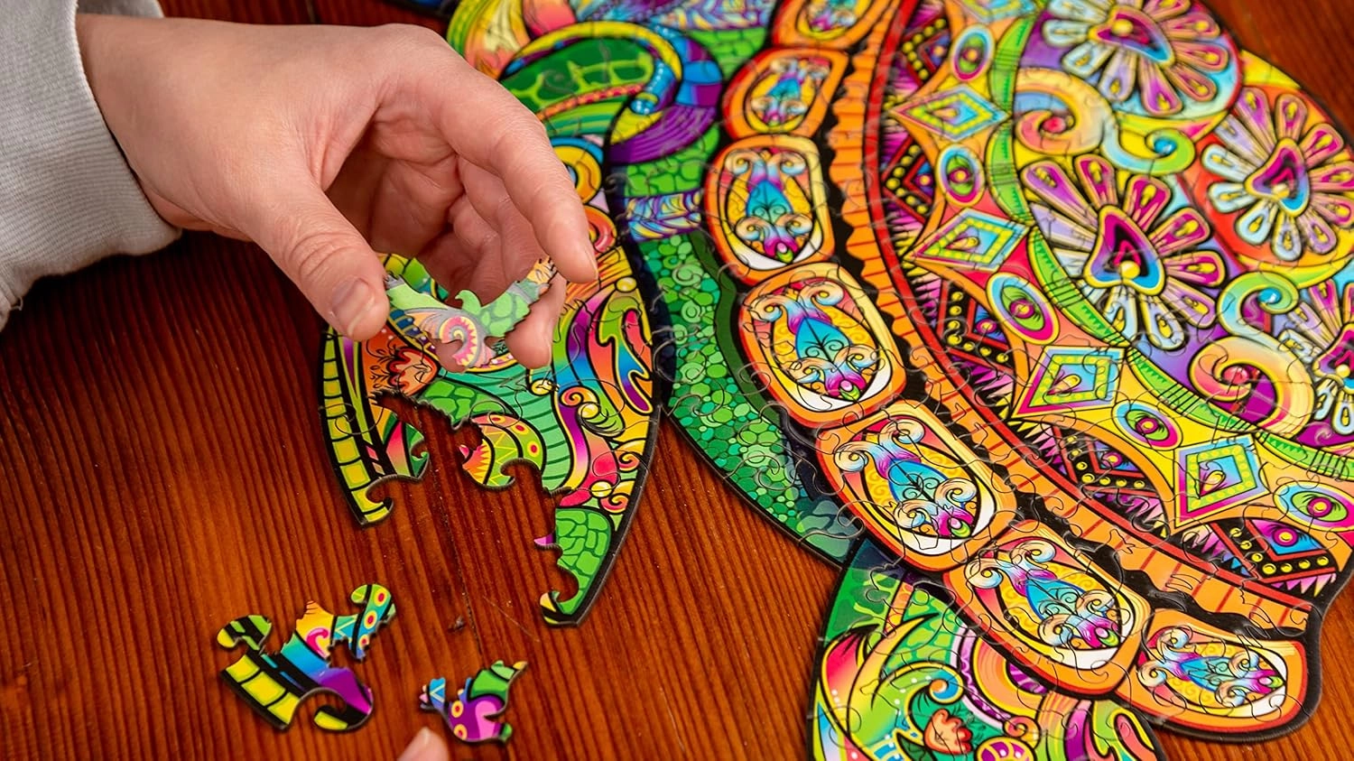 Wooden Jigsaw Puzzle for Adults and Kids - Turtle, Reptile-Shaped Fantasy Puzzle, 171 Unique Shaped Pieces, Size King (12.2" x 20.5")