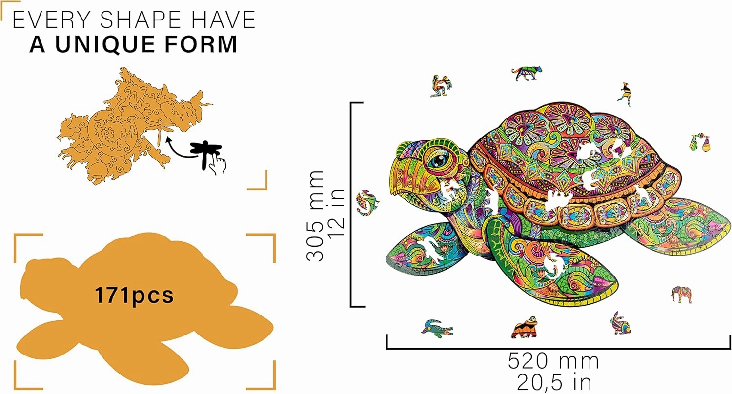 Wooden Jigsaw Puzzle for Adults and Kids - Turtle, Reptile-Shaped Fantasy Puzzle, 171 Unique Shaped Pieces, Size King (12.2" x 20.5")
