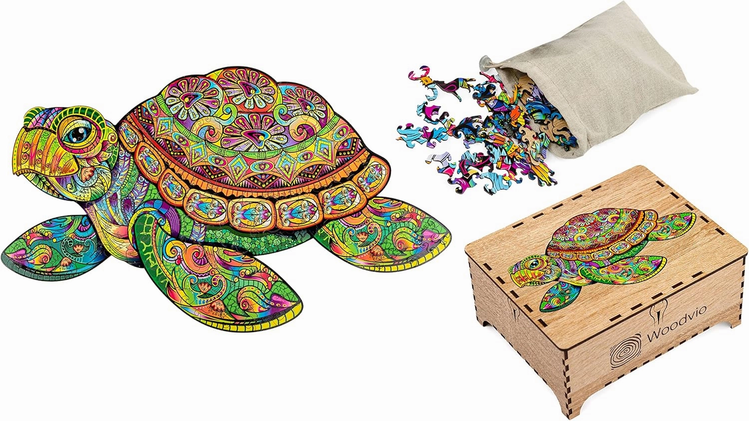 Wooden Jigsaw Puzzle for Adults and Kids - Turtle, Reptile-Shaped Fantasy Puzzle, 171 Unique Shaped Pieces, Size King (12.2" x 20.5")