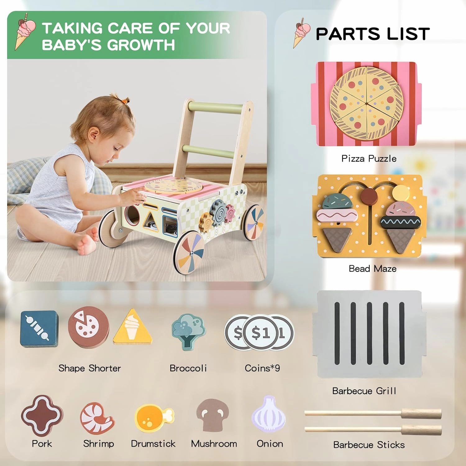 Wooden Push Walker for Babies with Wheels 12 Months  Wooden Baby Walker Activity Walker for Babies Montessori Multiple Learning Activities Center Walking Toy Adjustable Speed Birthday Gift