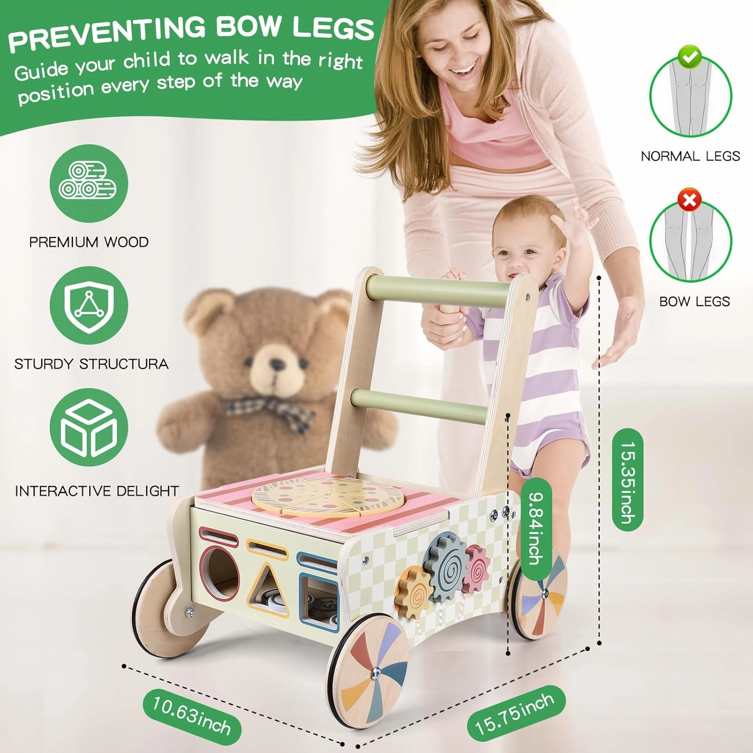 Wooden Push Walker for Babies with Wheels 12 Months  Wooden Baby Walker Activity Walker for Babies Montessori Multiple Learning Activities Center Walking Toy Adjustable Speed Birthday Gift