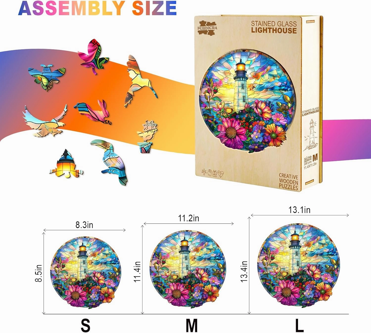 Wooden Puzzles for Adults - Challenging Stained Glass Lighthouse Adult Puzzle, Unique Animal Shaped Wooden Jigsaw Puzzles for Adults, Creative Gifts Family Games 8.5 * 8.3in 100pcs