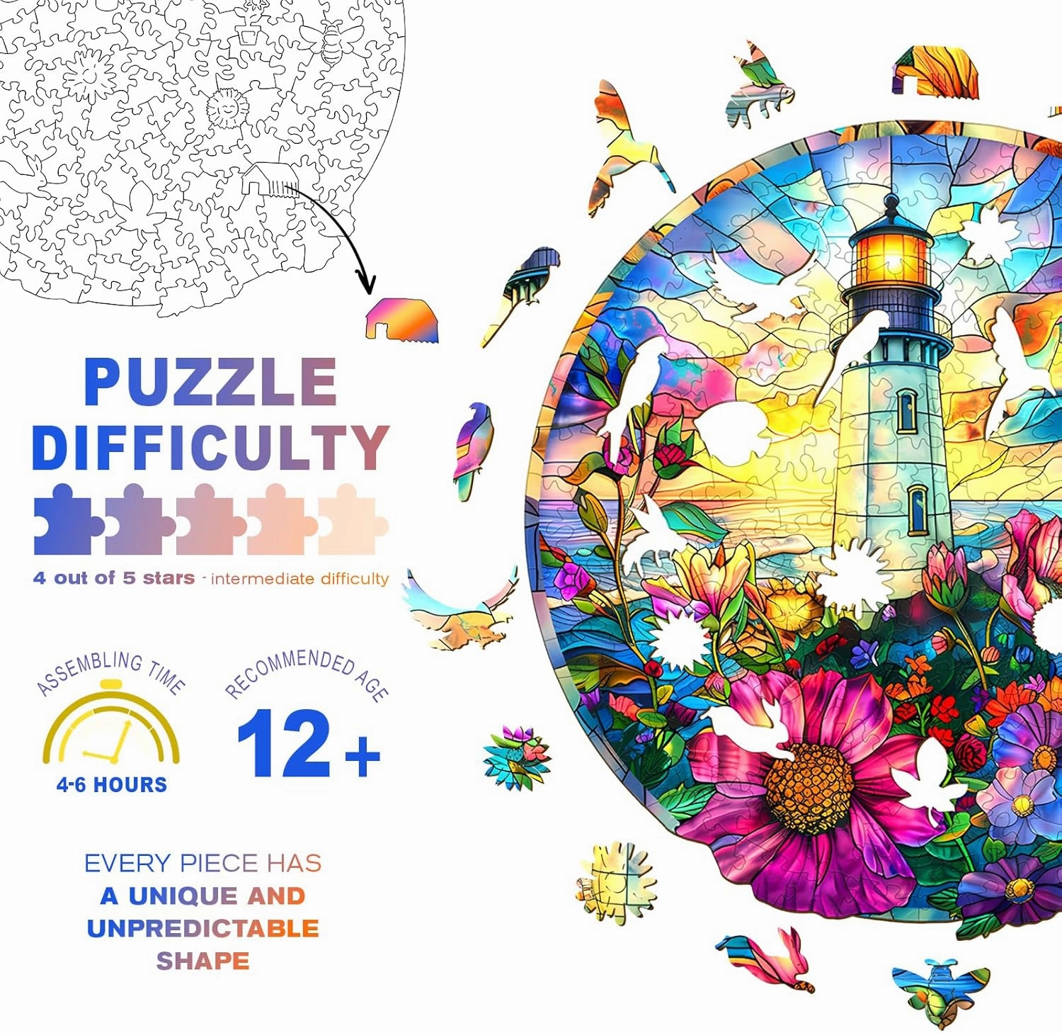 Wooden Puzzles for Adults - Challenging Stained Glass Lighthouse Adult Puzzle, Unique Animal Shaped Wooden Jigsaw Puzzles for Adults, Creative Gifts Family Games 8.5 * 8.3in 100pcs