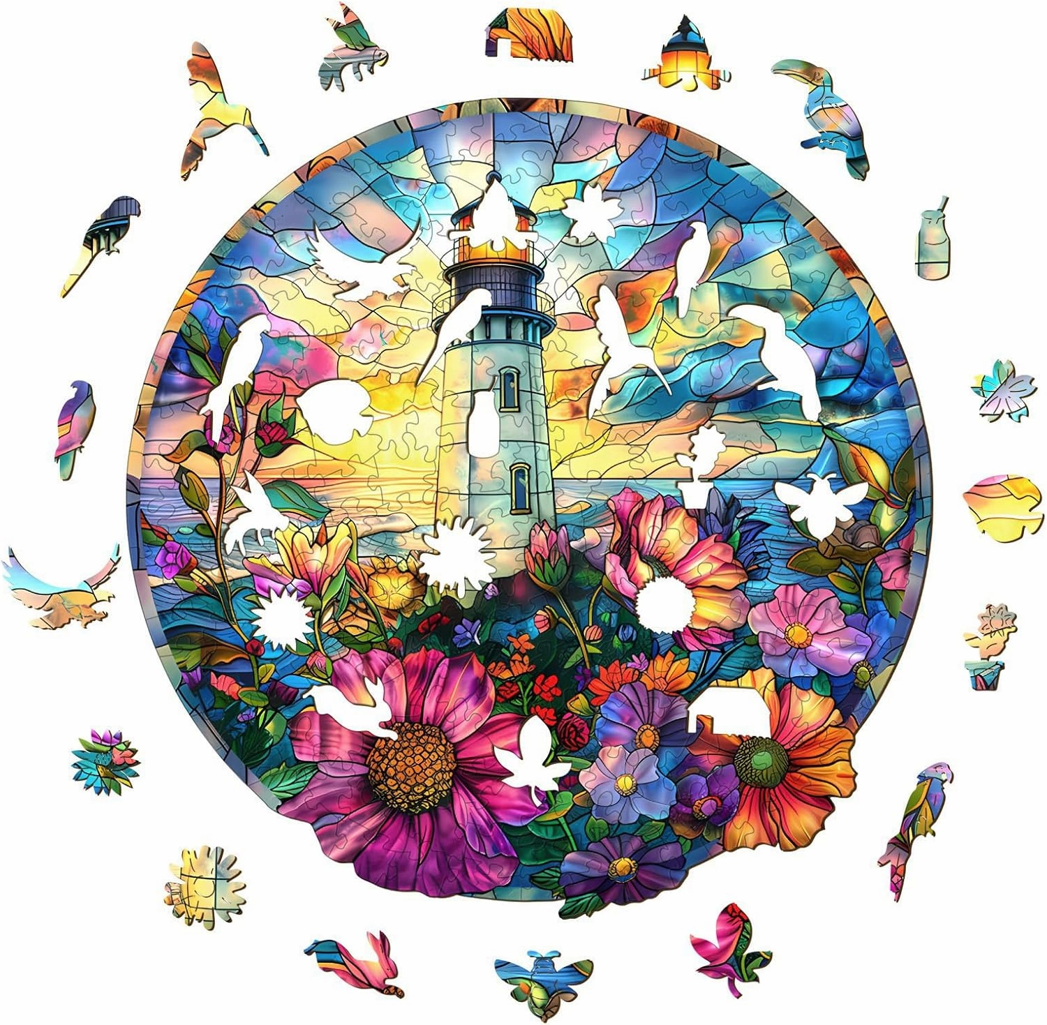 Wooden Puzzles for Adults - Challenging Stained Glass Lighthouse Adult Puzzle, Unique Animal Shaped Wooden Jigsaw Puzzles for Adults, Creative Gifts Family Games 8.5 * 8.3in 100pcs