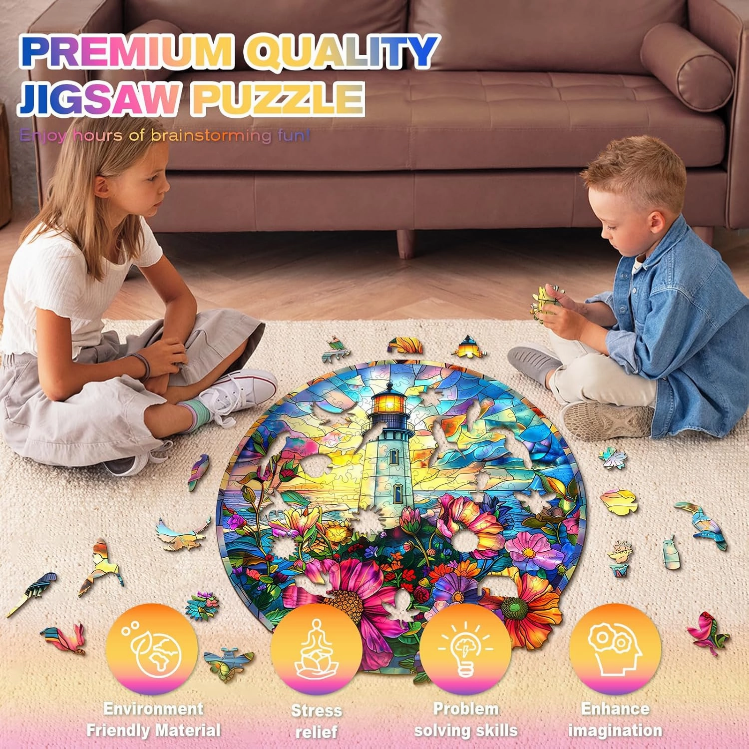 Wooden Puzzles for Adults - Challenging Stained Glass Lighthouse Adult Puzzle, Unique Animal Shaped Wooden Jigsaw Puzzles for Adults, Creative Gifts Family Games 8.5 * 8.3in 100pcs