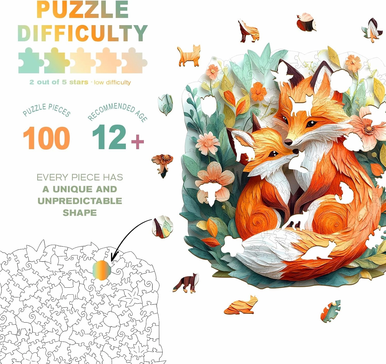 Wooden Puzzles for Adults - Parent Child Fox Wooden Jigsaw Puzzles - Unique Shaped Wooden Jigsaw Puzzles - Animal Wooden Puzzle Creative Gifts - Puzzle Toys - (100pcs)
