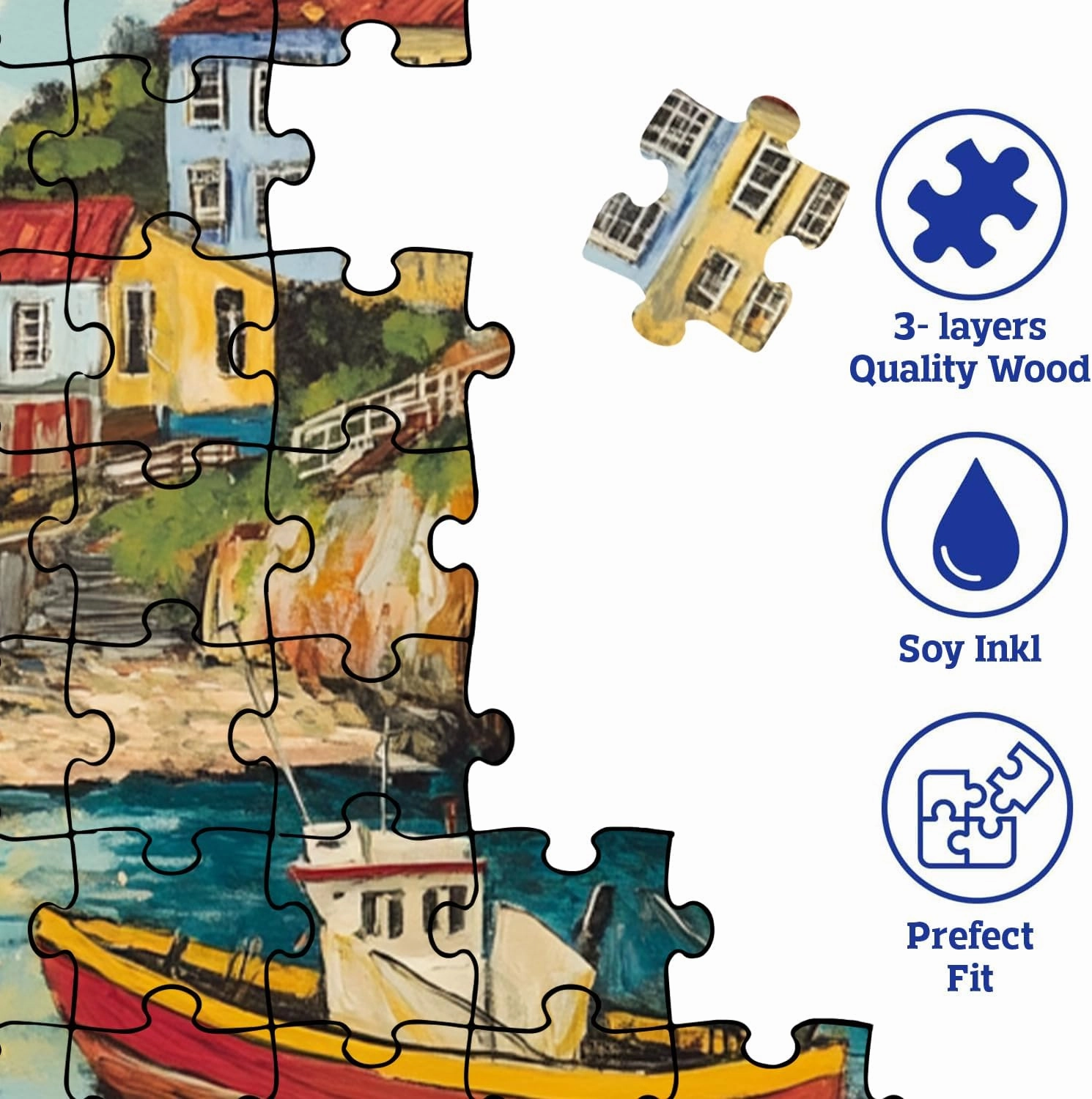 Wooden Puzzles for Adults, Picturesquare Fishing Village Wooden Jigsaw Puzzles 500/1000pcs, Irregular Wood Puzzles Creative Gift for Adults Kids Family Game