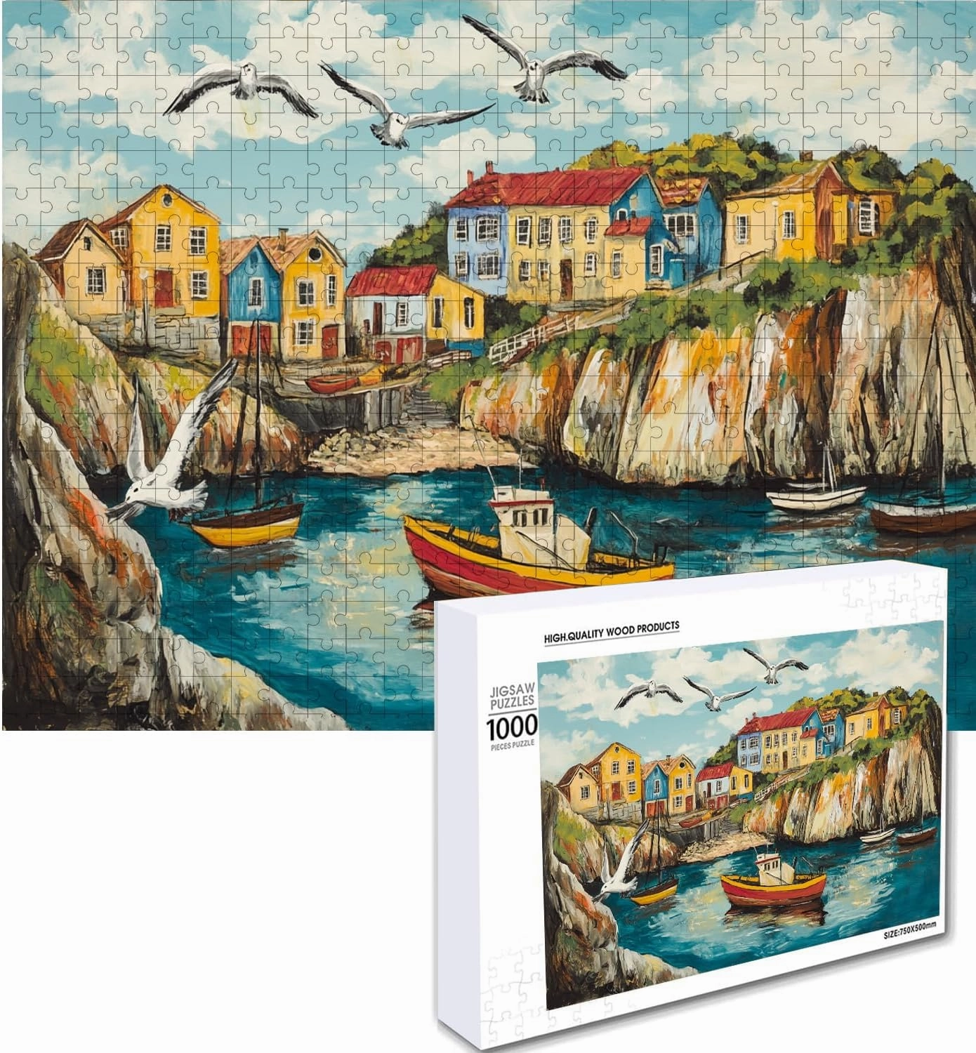Wooden Puzzles for Adults, Picturesquare Fishing Village Wooden Jigsaw Puzzles 500/1000pcs, Irregular Wood Puzzles Creative Gift for Adults Kids Family Game