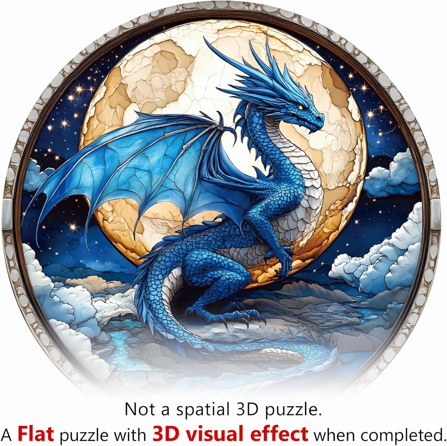 Wooden Puzzles for Adults, Unique Animal Shaped Moonlit Blue Dragon Adult Puzzle, 3D Vision Wooden Jigsaw Puzzles Adult, Challenging Creative Gifts Family Games 8.5 * 8.5in 100pcs