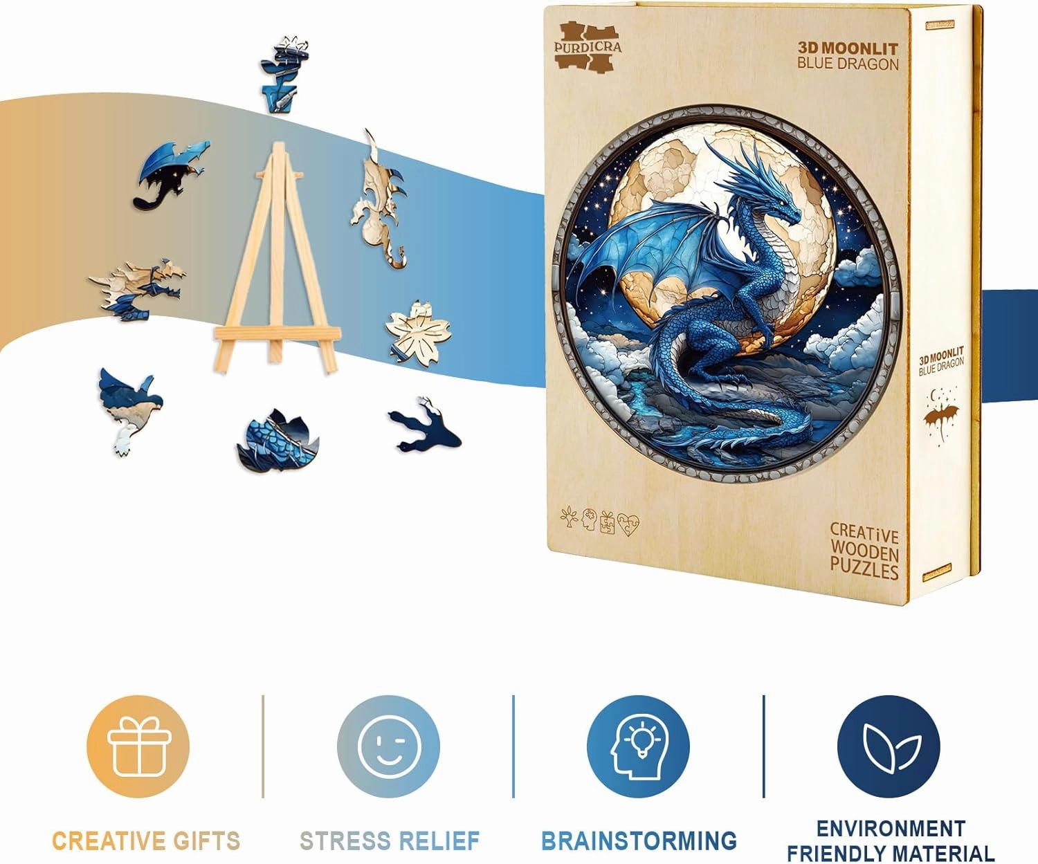 Wooden Puzzles for Adults, Unique Animal Shaped Moonlit Blue Dragon Adult Puzzle, 3D Vision Wooden Jigsaw Puzzles Adult, Challenging Creative Gifts Family Games 8.5 * 8.5in 100pcs