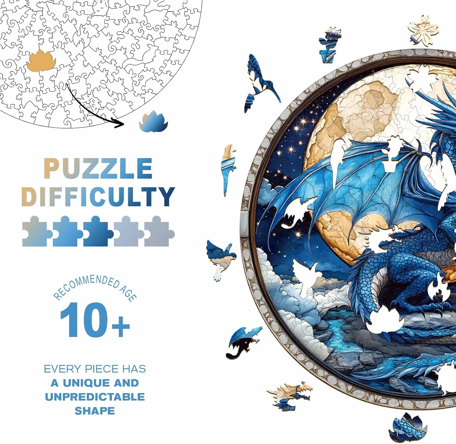 Wooden Puzzles for Adults, Unique Animal Shaped Moonlit Blue Dragon Adult Puzzle, 3D Vision Wooden Jigsaw Puzzles Adult, Challenging Creative Gifts Family Games 8.5 * 8.5in 100pcs