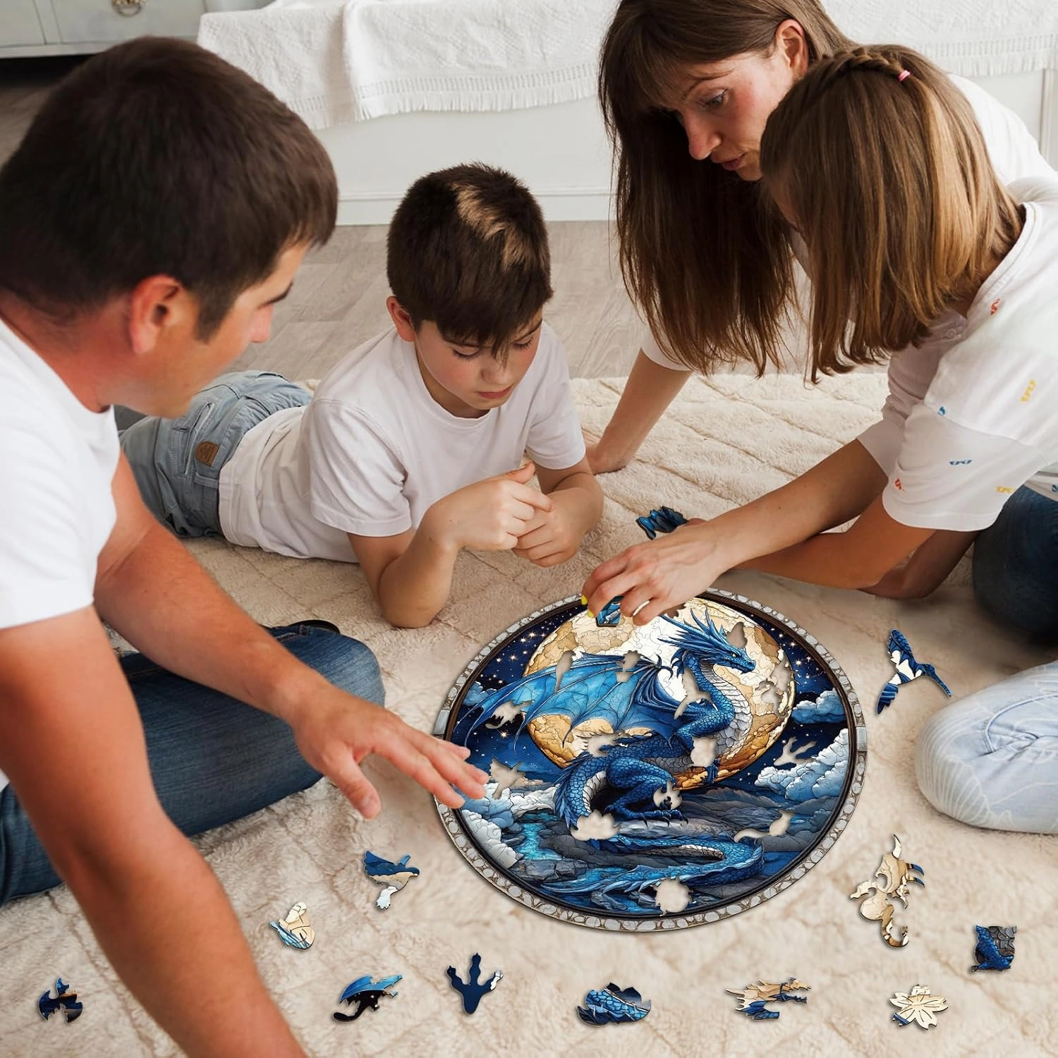 Wooden Puzzles for Adults, Unique Animal Shaped Moonlit Blue Dragon Adult Puzzle, 3D Vision Wooden Jigsaw Puzzles Adult, Challenging Creative Gifts Family Games 8.5 * 8.5in 100pcs