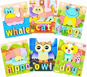 Wooden Puzzles for Toddlers 6-Pack - Animal Edition Puzzles for 3 Year Old & Up - Kids Wooden Puzzles with Letters - Educational Kids Puzzle