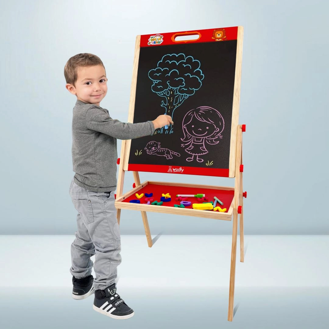 Wudly Kids Wooden Drawing Board, Double-Sided Chalkboard and Whiteboard, Educational Art Stand with Storage Tray