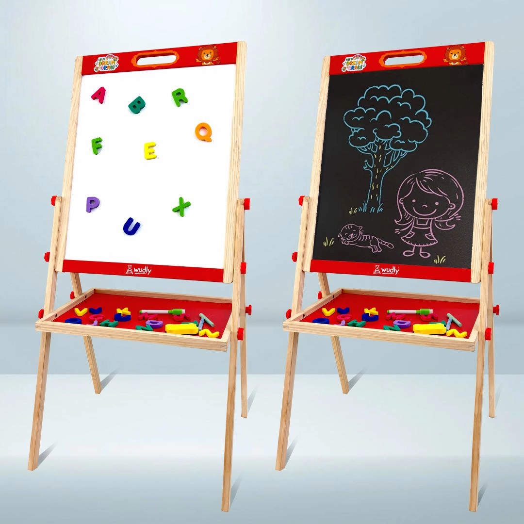 Wudly Kids Wooden Drawing Board, Double-Sided Chalkboard and Whiteboard, Educational Art Stand with Storage Tray