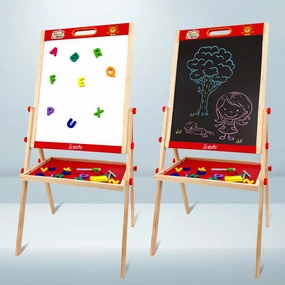Wudly Kids Wooden Drawing Board, Double-Sided Chalkboard and Whiteboard, Educational Art Stand with Storage Tray