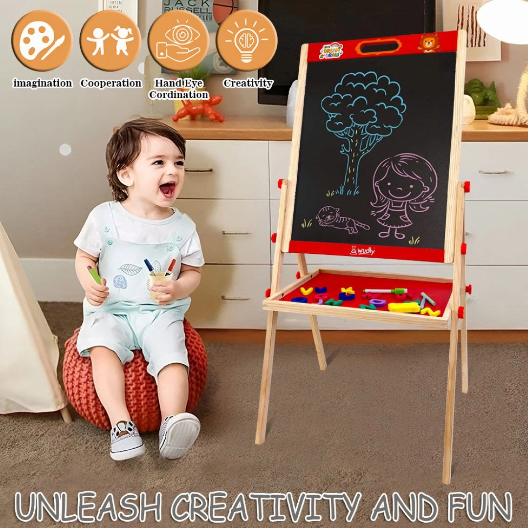 Wudly Kids Wooden Drawing Board, Double-Sided Chalkboard and Whiteboard, Educational Art Stand with Storage Tray
