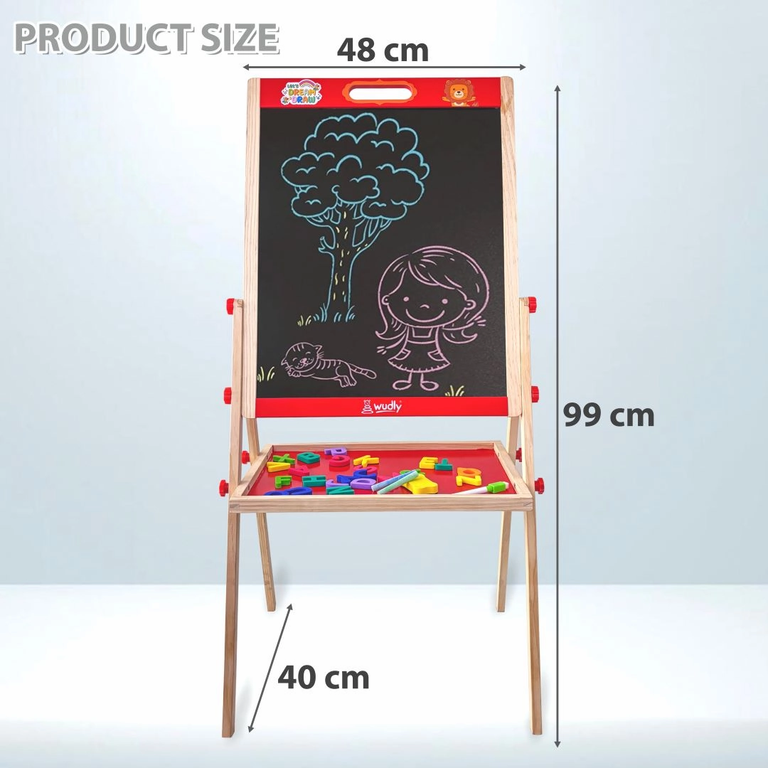 Wudly Kids Wooden Drawing Board, Double-Sided Chalkboard and Whiteboard, Educational Art Stand with Storage Tray