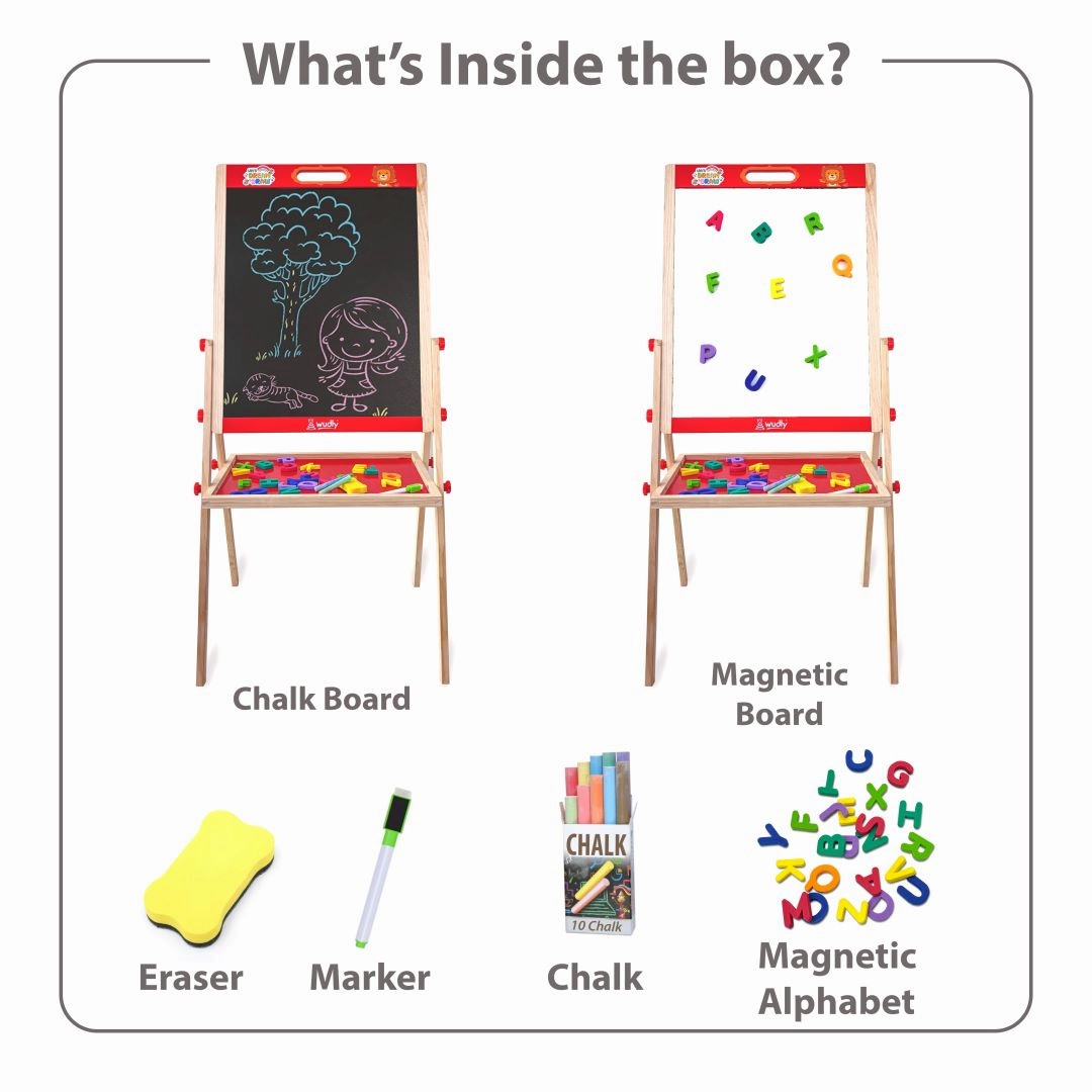 Wudly Kids Wooden Drawing Board, Double-Sided Chalkboard and Whiteboard, Educational Art Stand with Storage Tray