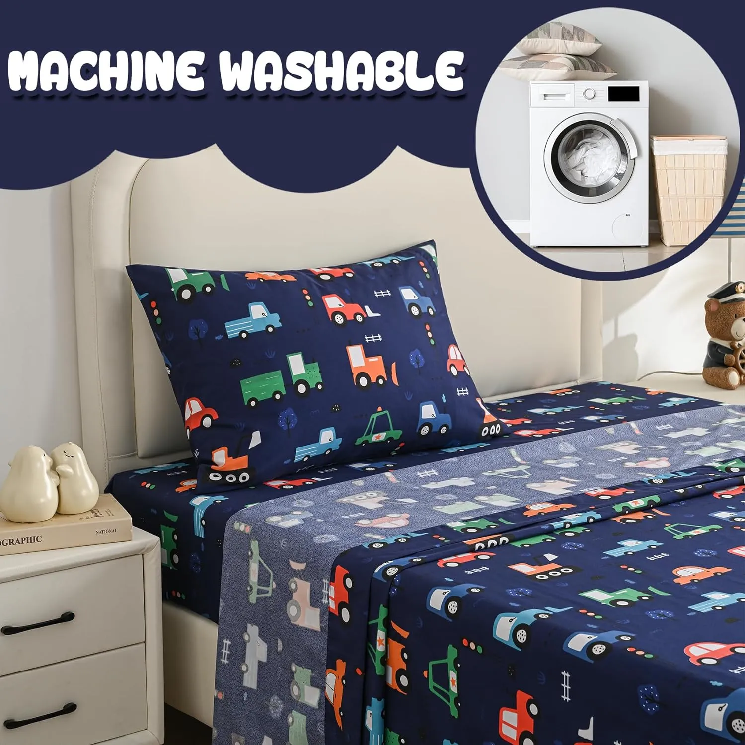 Yibeizi Car Twin Sheets Set for Boys, Kids Cute Bedsheets Navy Blue Microfiber Deep Pocket Toddler Bed Sheet & Pillowcase Sets 3 Pieces