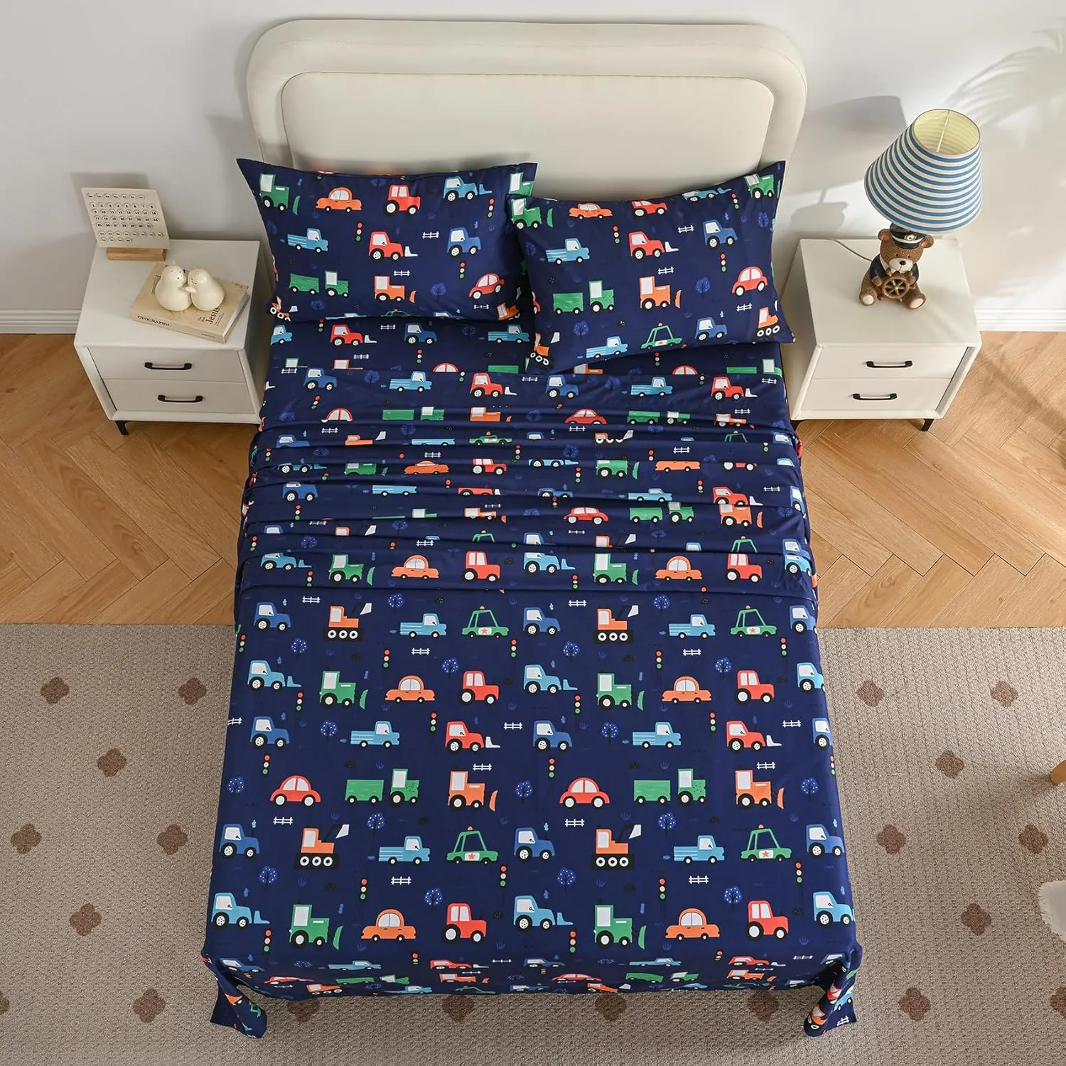 Yibeizi Car Twin Sheets Set for Boys, Kids Cute Bedsheets Navy Blue Microfiber Deep Pocket Toddler Bed Sheet & Pillowcase Sets 3 Pieces