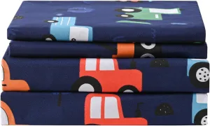 Yibeizi Car Twin Sheets Set for Boys, Kids Cute Bedsheets Navy Blue Microfiber Deep Pocket Toddler Bed Sheet & Pillowcase Sets 3 Pieces