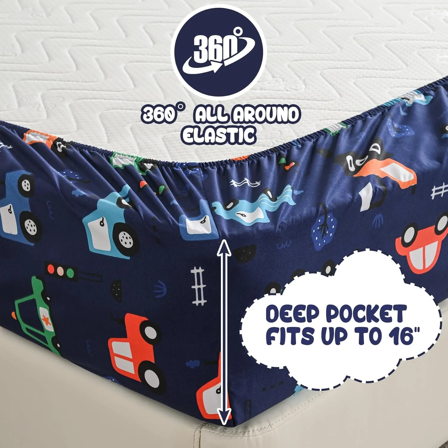 Yibeizi Car Twin Sheets Set for Boys, Kids Cute Bedsheets Navy Blue Microfiber Deep Pocket Toddler Bed Sheet & Pillowcase Sets 3 Pieces