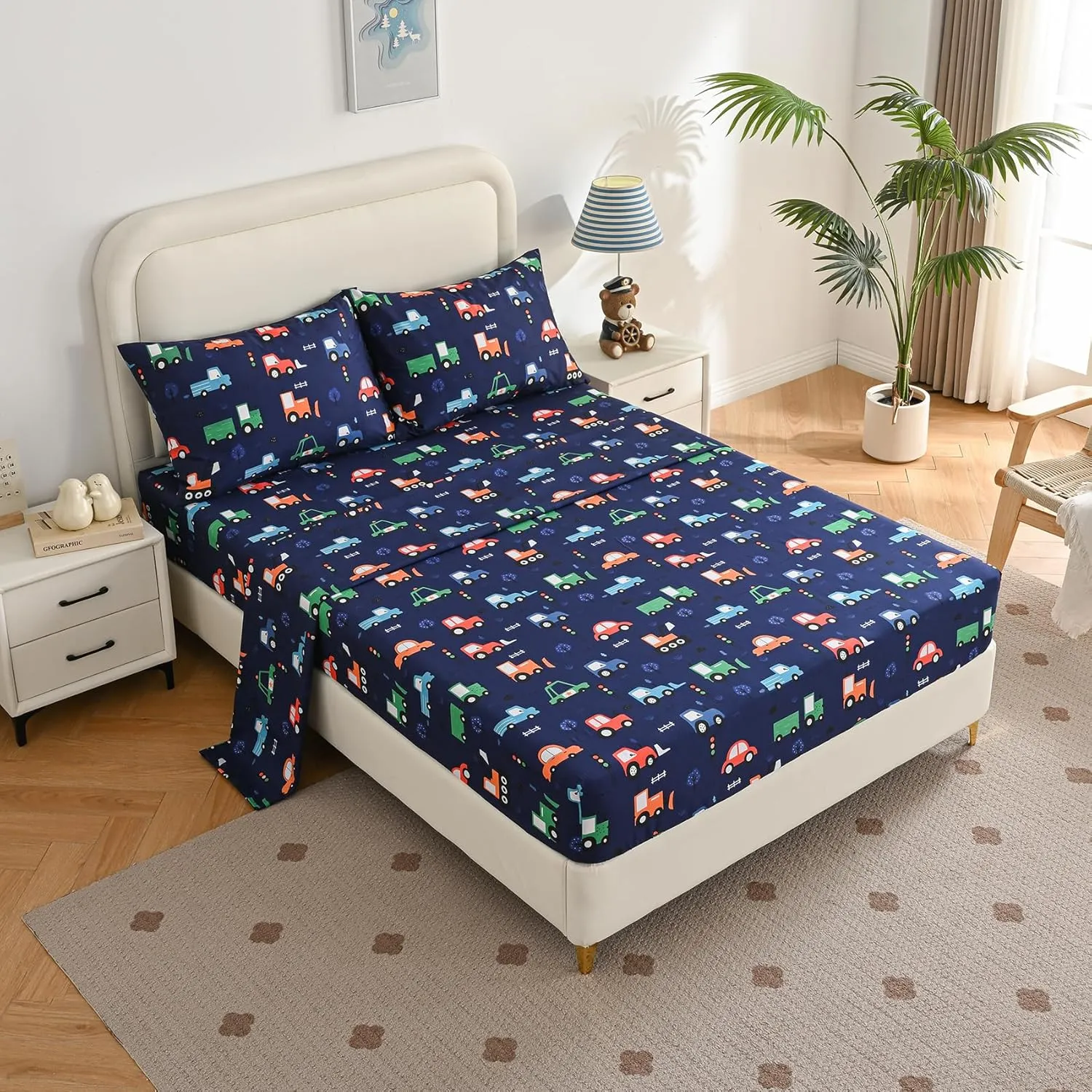 Yibeizi Car Twin Sheets Set for Boys, Kids Cute Bedsheets Navy Blue Microfiber Deep Pocket Toddler Bed Sheet & Pillowcase Sets 3 Pieces