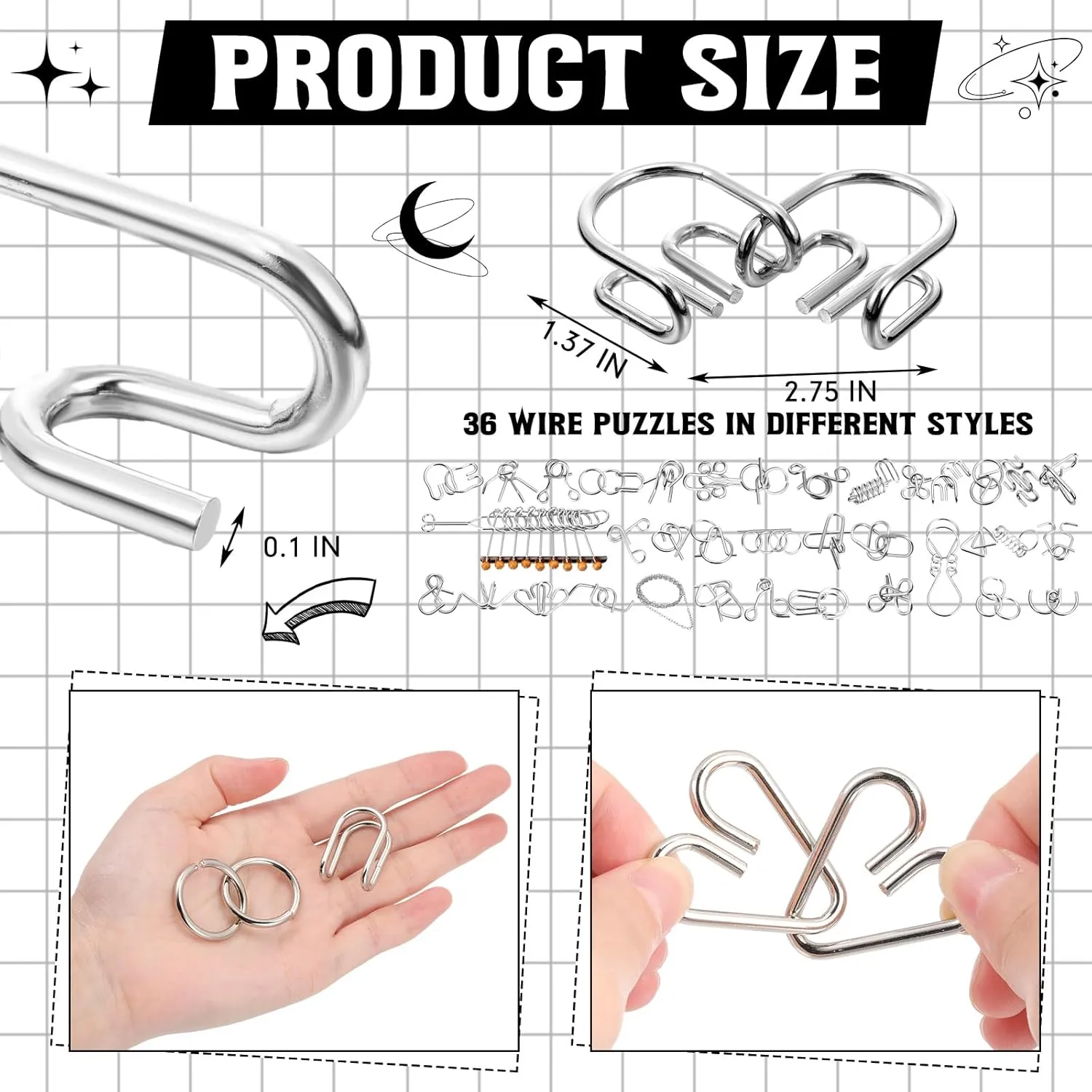 Yilloog Metal Brain Teaser Puzzles Set of 36 with Pouch, Steel IQ Games Physics Mind Metal Puzzles for Adults Basket Stocking Stuffers for Adults Challenge Gifts(Medium)