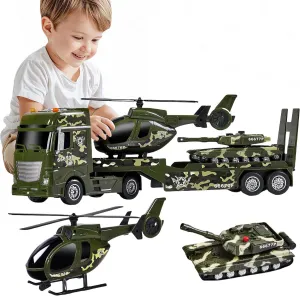 ZHFUYS 25.6" Green Military Big Truck Toys, Big Truck Toy with Tank and Helicopter,Army Toys with Sounds & Lights, Great Gift for 3 Years Old Boys and Girls